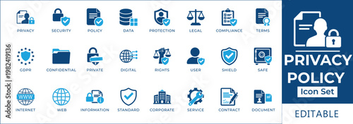 Collection of blue and white privacy policy icons, conveying concepts of security, data protection, legal compliance, and confidentiality for digital and corporate use