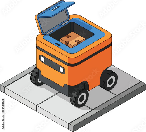  Isometric Orange Delivery Robot with Parcel Compartment on Urban Sidewalk Vector