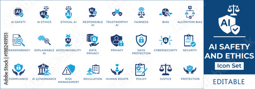 Collection of Icons Representing AI Safety and Ethics Transparency, Accountability, Privacy, Data Protection, Compliance, Regulation, Justice, and Status