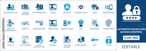 Authentication and Access Control Icon Set Digital Security and User Verification Symbols for Web and App Design