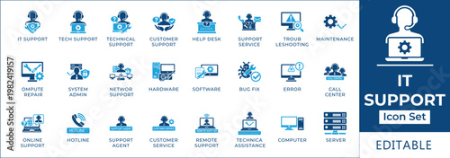 IT Support Icons Set Collection Vector Technology Computer Helpdesk Service Network Maintenance Troubleshooting Remote Assistance