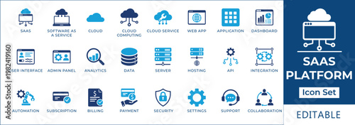 Extensive vector icon collection for SaaS platforms, cloud computing, digital services, data analytics, security, and modern business technology solutions for IT management