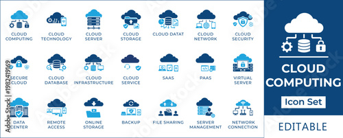 Visual guide to cloud computing data storage, network security, server management, virtual infrastructure, and essential digital technology services