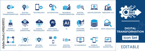 Extensive vector icon collection depicting digital transformation, artificial intelligence, cloud computing, big data, and cybersecurity for business strategy