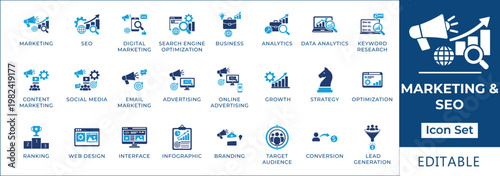 Comprehensive collection of digital marketing and search engine optimization vector icons for business growth strategy and online presence development