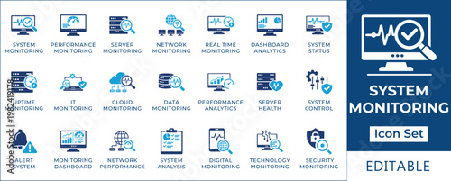 Comprehensive System Monitoring Icon Set Visualizing Network, Performance, and Security Data for IT Management and Analytics
