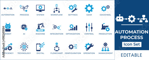 Comprehensive vector icon collection illustrating advanced automation processes, smart industrial manufacturing, digital transformation, and efficient system management for modern business operations