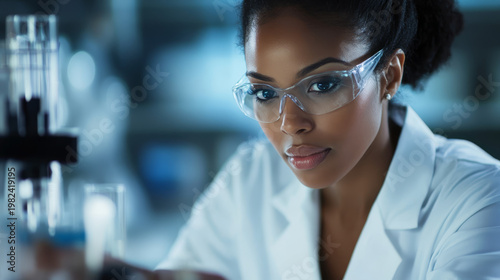 Scientist in protective eyewear examines samples in a modern laboratory setting