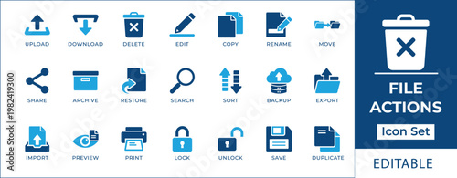 Comprehensive vector icon collection illustrating essential digital file actions and document management functions for web and application interfaces, perfect for user experience design