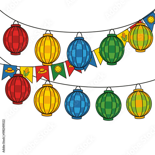Festa Junina decorations with lanterns and pennant banners
