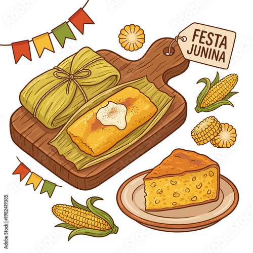 Traditional Festa Junina foods with corn cake and pamonha