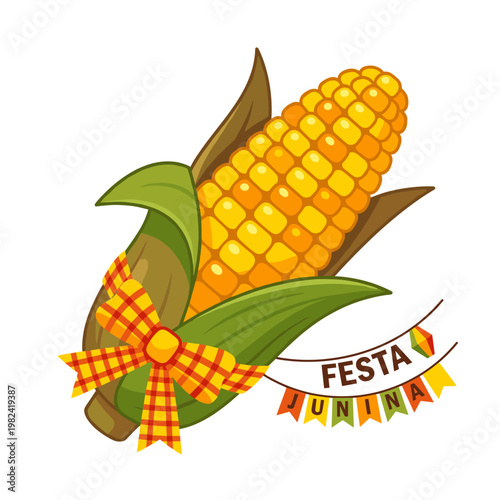 Corn cob with festive bow and Festa Junina banner