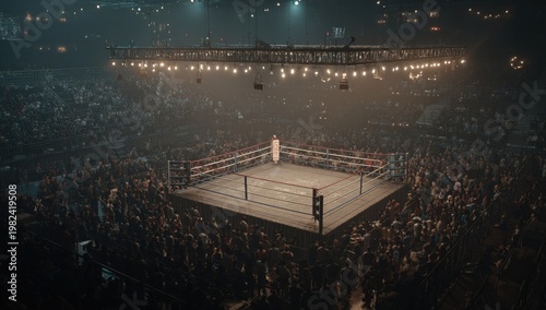 A boxing ring illuminated under bright lights sits center stage in a packed arena filled with spectators.