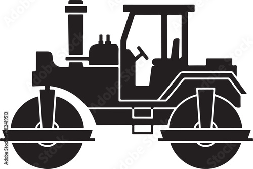 A black vector silhouette illustration of a heavy industrial steam locomotive and vintage engine transport vehicle for machinery and transportation industry icons
