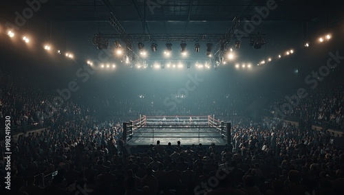 A dramatic view of a boxing ring illuminated by spotlights, surrounded by a massive crowd in a darkened arena.