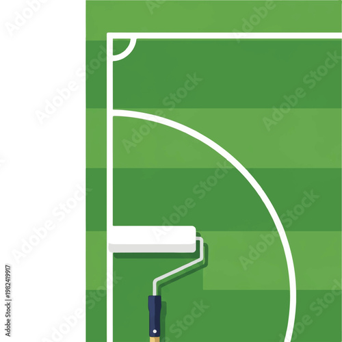 A minimalist top-down view of a paint roller applying a crisp white line onto a vibrant green soccer pitch, focusing on the corner arc, plenty of white space around the field, clean and