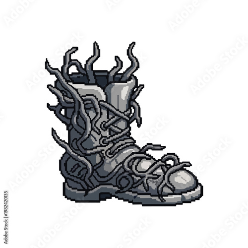 This pixel art vector showcases a weathered grey boot being engulfed by eerie, twisting dark grey tentacles emerging from its interior and sides.