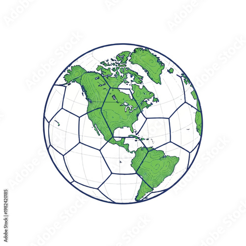 A minimalist topographic map of North America merging into the texture of a soccer ball, large white negative space, simple green and blue outlines, clean high-end aesthetic, bright lighting,