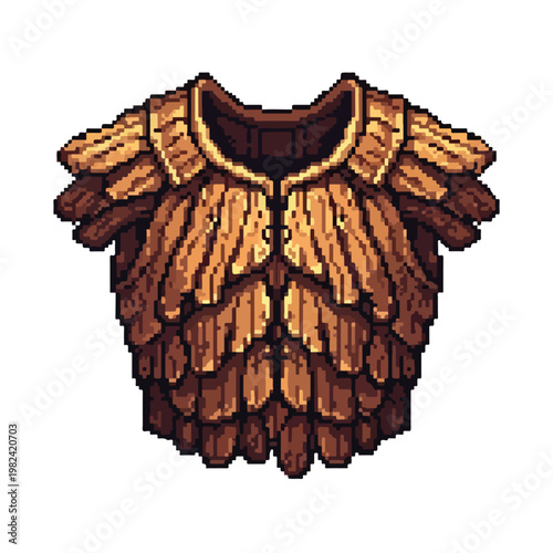 This pixel art illustration depicts a rugged, brown wooden chest armor with overlapping plates and a high collar on a white background.