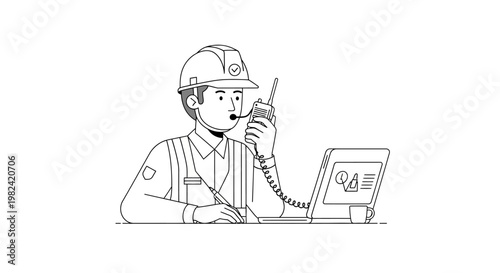 Construction Engineer in Hard Hat Using Walkie-Talkie and Laptop - Professional Industrial Site Supervisor Line Art Illustration