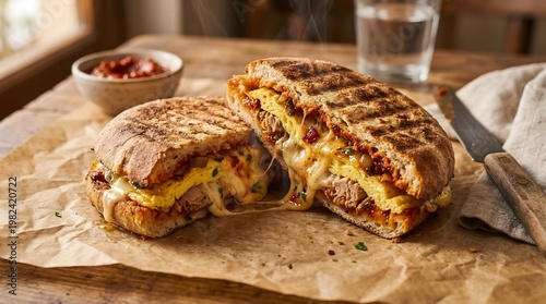 Close-Up of Hot Authentic Tunisian Chapati Sandwich with Melted Cheese and Steam