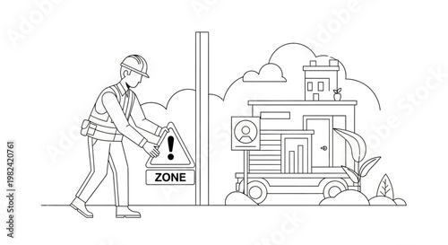 Construction Worker Placing Warning Sign at Industrial Site Office, Safety Zone Line Art Illustration
