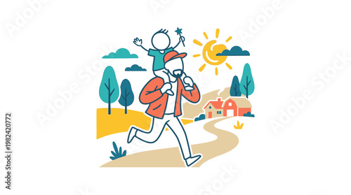 Father Carrying Child on Shoulders During a Sunny Day