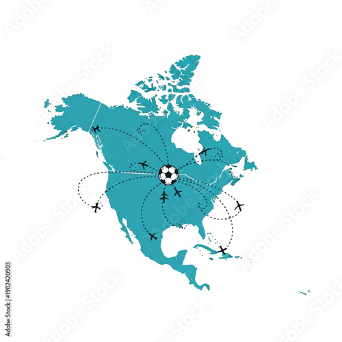 Minimalist flat vector illustration of North American map silhouette with dotted flight path lines connecting major cities, a small soccer ball icon in the center, large white space background,