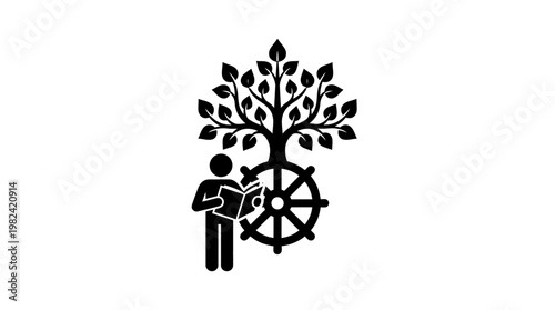 Person Reading Book Under Tree and Dharma Wheel Logo