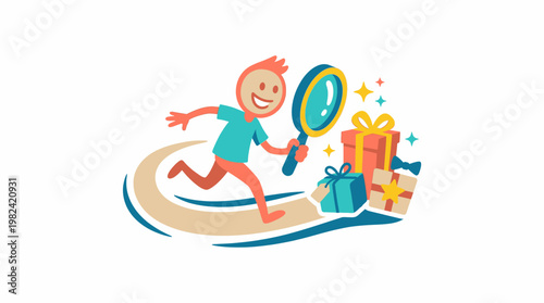 Excited Cartoon Person Finding Gifts with Magnifying Glass