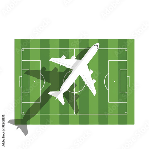 Minimalist top-down view of a soccer pitch with a single white cargo plane shadow passing over it, symbolizing global arrival, plenty of white space, limited green and grey palette, flat vector