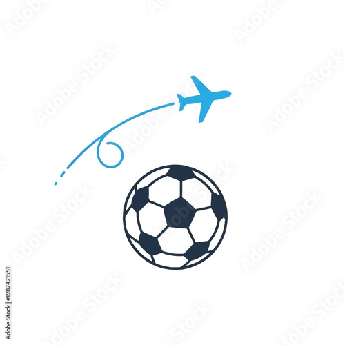 A minimalist flat vector of a stylized airplane flying over a soccer ball that looks like a globe. Symbolizing international travel for the tournament. Clean white background, thin blue flight