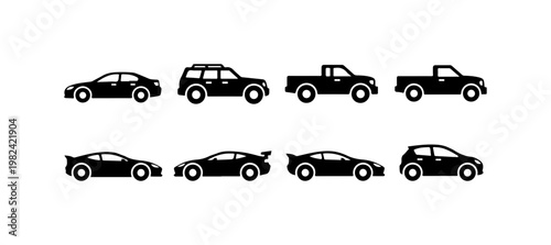 Set of Eight Black Silhouette Vehicles Vector Icons