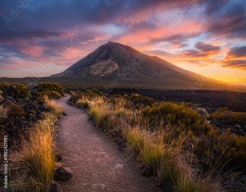 Empty Hiking Trail Leading Toward Volcanic Peak at Dramatic Sunset Sky with Pink and Orange Clouds, Journey and Adventure Concept with No People