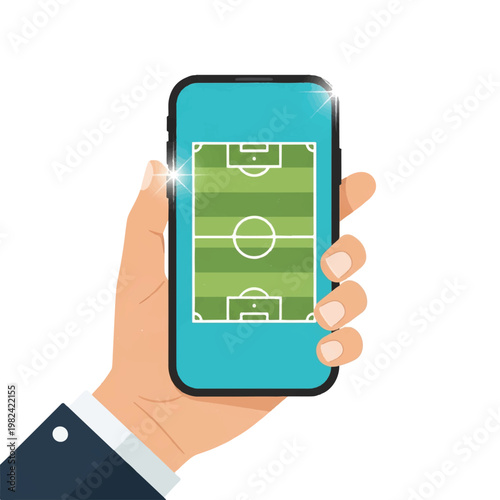 A hand holding a modern smartphone displaying a minimalist soccer field icon on the screen. Bright digital glow, connected and tech-savvy atmosphere. flat vector illustration, solid flat block