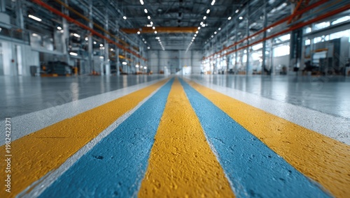 A long, brightly painted floor leads the eye into the vastness of an empty warehouse.