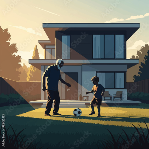 Silhouettes of an older man and a young child practicing soccer in a minimalist suburban backyard with a modern house. Warm golden hour lighting, nostalgic and hopeful mood. flat vector