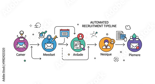 Illustration of an automated recruitment pipeline process with interconnected icons and steps.