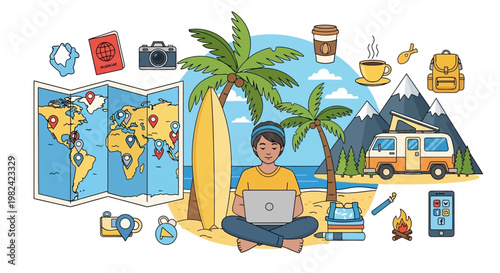 Young person working remotely on laptop surrounded by travel and adventure icons.