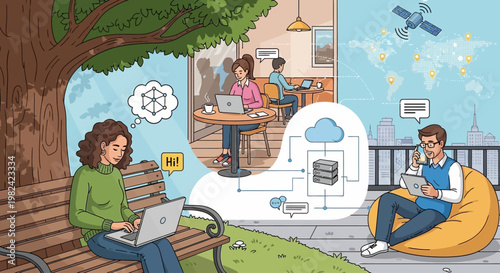 Diverse people working remotely with cloud technology and digital communication.