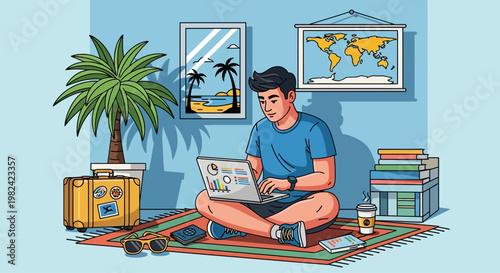 Young man working on laptop while sitting on floor in cozy room with travel decor and books.