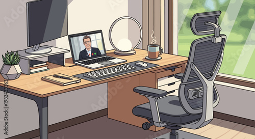 Modern home office setup with ergonomic chair and computer desk by window.