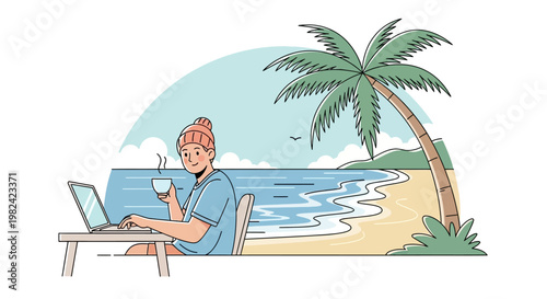 Young man working remotely on laptop at tropical beach with palm tree and ocean waves.