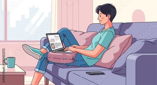Young woman relaxing on sofa using laptop and reading a book at home.
