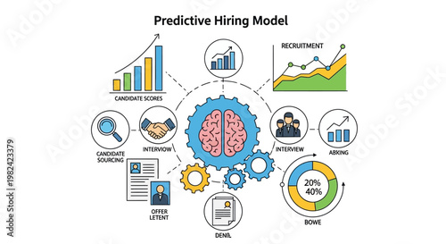 Illustration of a predictive hiring model with various data analysis icons and brain graphic.