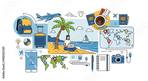 Illustration of remote work and digital nomad lifestyle with travel and technology elements.
