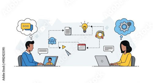 Business professionals collaborating remotely using digital technology and communication tools.