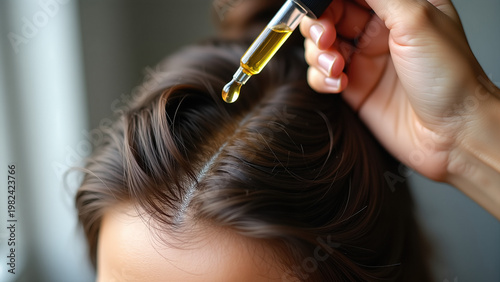 Glass dropper applying golden oil to a clean part in dark hair. Close up of scalp treatment and hair care routine. Nourishing essential oil serum