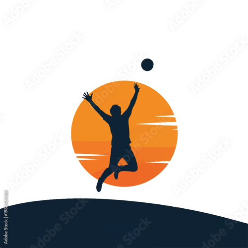 A minimalist silhouette of a player jumping in joy against a large circular sun backdrop, clean sharp lines, limited palette of orange and dark blue, dynamic composition with plenty of white
