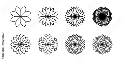 Set of elegant flower icons isolated on white background. Floral spirograph shapes. Sunflower, lotus or chrysanthemum petals top view. Simple mandala elements. Vector graphic illustration.